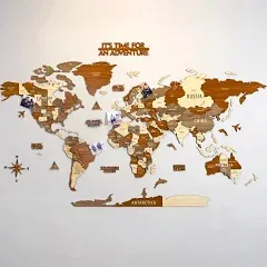 Multilayered 3D Wooden World Map, Travel Map with States and Capitals, Wall Decor For The New House, Gift For Travelers, Office Decor, Educational Activity for Children (L, Light Brown)