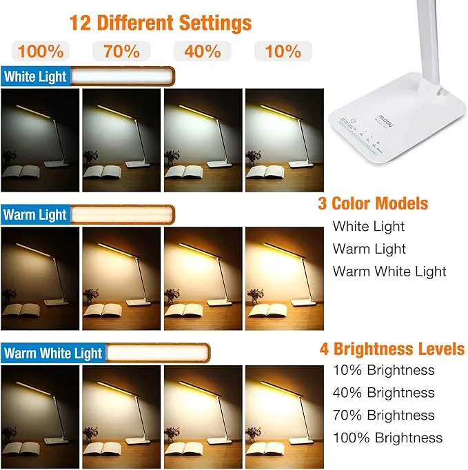 Miady LED Desk Lamp Eye-Caring Table Lamp, 3 Color Modes with 4 Levels of Brightness, Dimmable Office Lamp with Adapter, Touch Control Sensitive(White Aluminum)