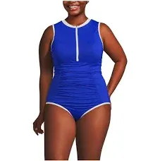 Lands' End Women's Plus Size Chlorine Resistant High Neck Zip Front One Piece Swimsuit