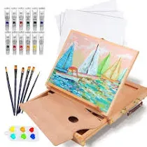 Tabletop Easel Set - 24 Pieces Starter Kit - Artist Acrylic Painting Kit with 12