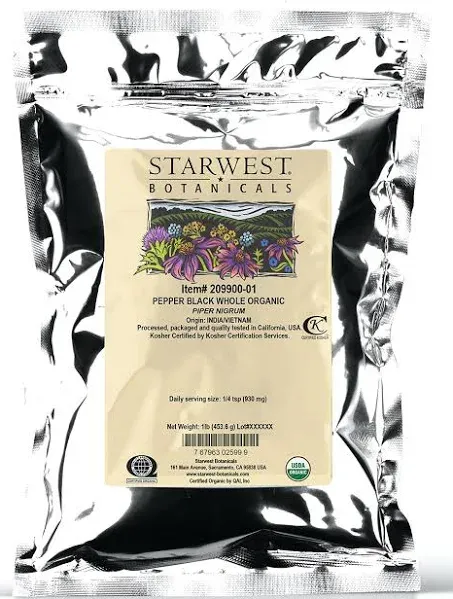 Starwest Botanicals Organic Malabar Black Whole, Pepper, 16 Ounce