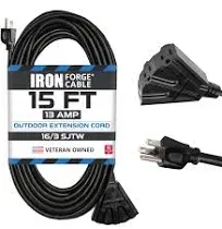 3 Outlet Outdoor Extension Cord 15 ft 16/3 SJTW Black Extension Cord with Mul...