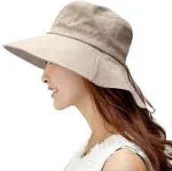 Women Comhats Summer Flap Cover Cap Cotton UPF 50+ Sun Shade Bucket Hat with Neck Cord Wide Brim Khaki