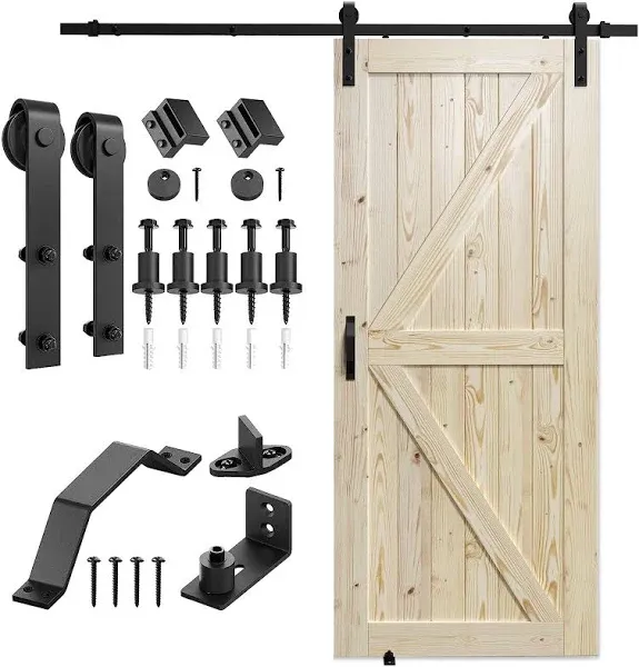 SMARTSTANDARD 36in x 84in Sliding Barn Door with 6.6ft Barn Door Hardware Kit & Handle, Pre-Drilled Ready to Assemble, DIY Unfinished Solid Spruce