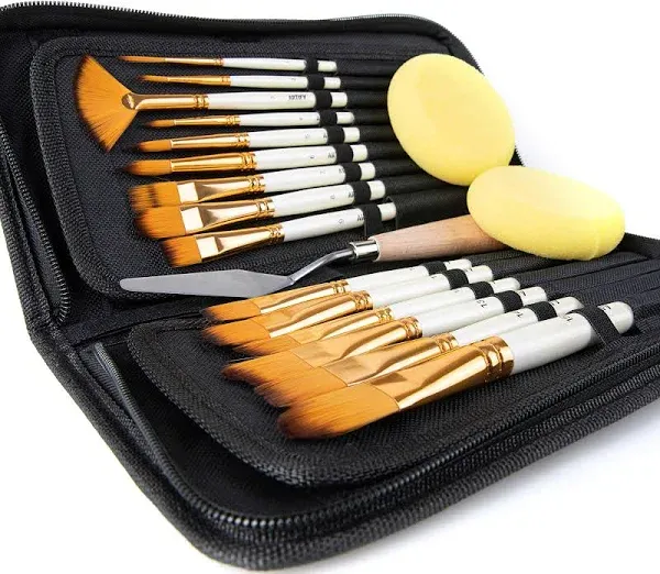 15 Pieces Paint Brush Set, Intermediate Series, Includes Pop-Up Carrying Case with Palette Knife and 2 Sponges, for Acrylic, Oil, Watercolor and Gouache Painting - Pearl White