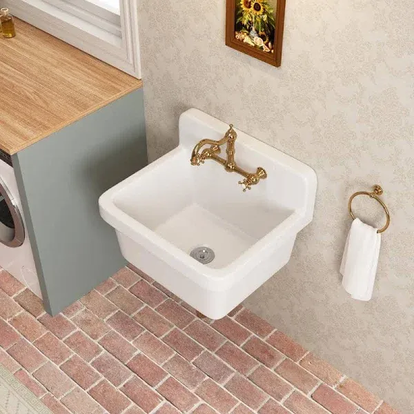 DeerValley DV-1K0137 24"×19.7" Vitreous China Wall Mount Utility Sink Farm Style High Back Laundry Sink