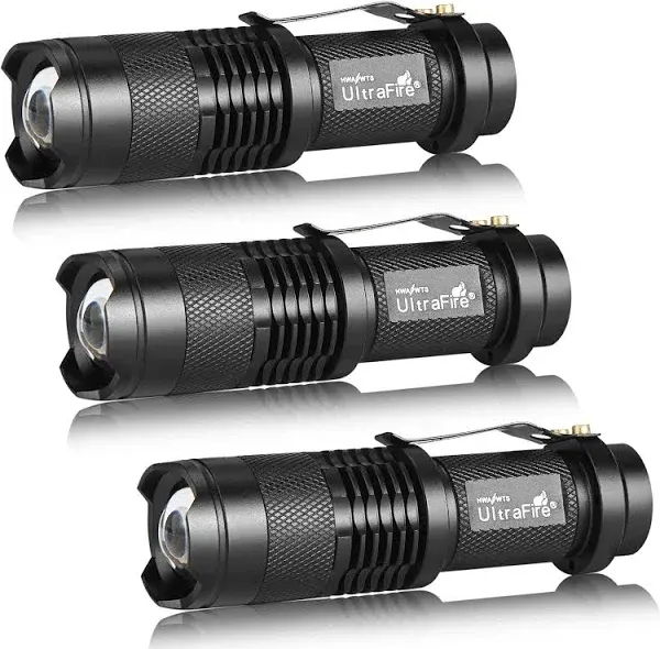 ULTRAFIRE 3 Pack Mini Flashlights Focus Adjustable SK68 Single Mode Tactical LED Flashlight, Ultra Bright 300 Lumens Torch