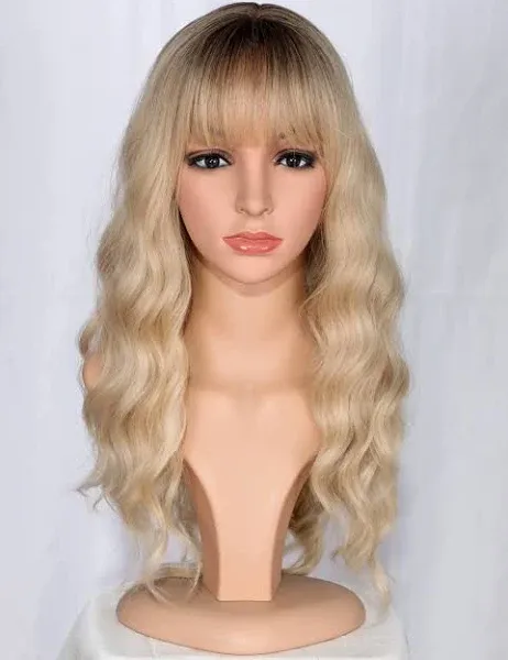 SYMEIW Medium Long Blonde Wavy Wigs for Women Synthetic Full Hair Wigs with Bangs for Daily Use (Blonde)