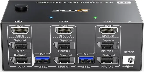 KVM Switch 3 Monitors 3 Computers 8K@60Hz 4K@144Hz, ANGEET HDMI and Displayport Triple Monitor KVM Switch, 3 Monitors KVM with 4 USB 3.0 Ports for USB Devices, Wired Remote and Power Adapter Included