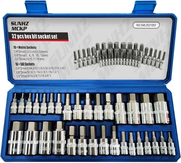 10288A Allen Hex Bit Socket Set, 32 Piece SAE and Metric Allen Socket Set, Al...