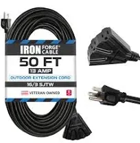 50 Ft Outdoor Extension Cord with 3 Outlets - 16/3 SJTW Weatherproof Black Exten