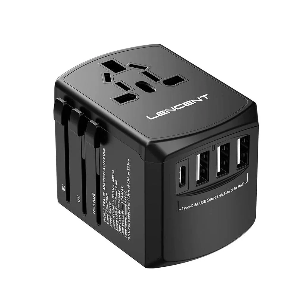 LENCENT Universal Travel Adapter, 3 USB Ports, Type-C PD Fast Charging Adaptor