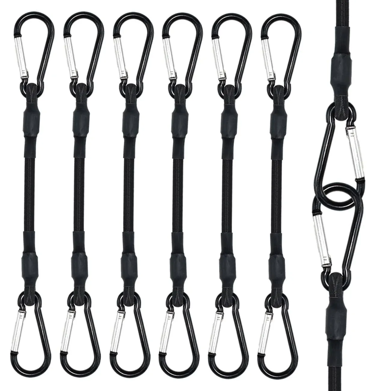 6 Pack Bungee Cords with Carabiner Hooks 12 Inch Black Heavy Duty Bungee Cords