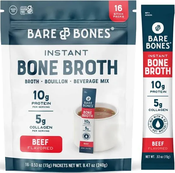 Bare Bones Instant Bone Broth Beverage Mix Beef 10g Protein