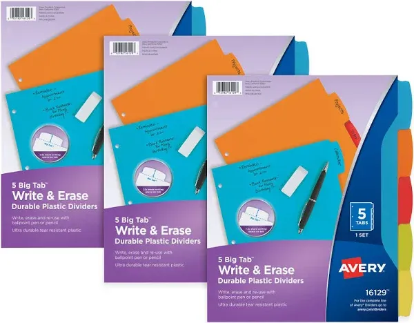 Avery Big Tab Write & Erase Durable Plastic Dividers, 5-Tab Set, Multicolor Brights, 3 Sets (21212)