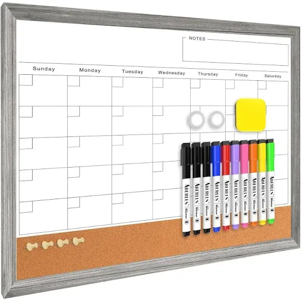 Monthly Whiteboard Calendar & Corkboard for Wall, Magnetic 17"x13" Dry Erase Board with Gray Wood Framed, 2in1 White Board Cork Board Combo, Calendar Bulletin Board for Kitchen Planner Memo Office