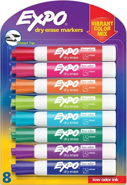 EXPO Low Odor Dry Erase Vibrant Color Markers, Broad Chisel Tip, Assorted Colors