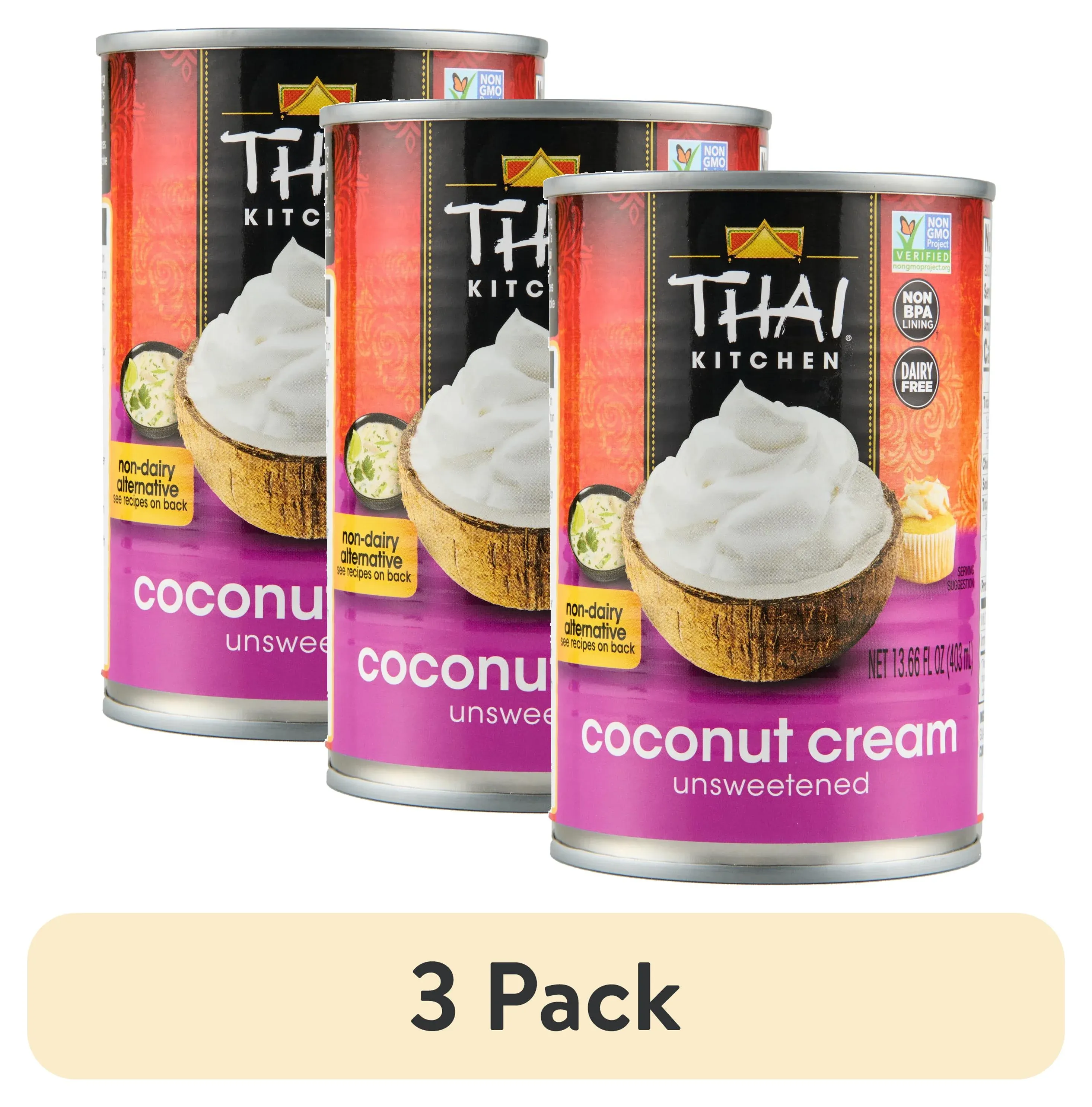 (3 pack) Thai Kitchen Non-GMO Gluten Free Gluten Free Unsweetened Coconut Cream, 13.66 fl oz Can