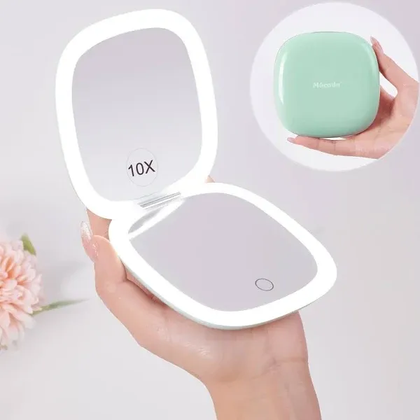 Mocado Compact LED Travel Makeup Mirror - 4 Inches 1X/10X Magnification Travel Mirror with Light Dimmable Double Sides Lighted USB Rechargeable Compact Mirror for Purse,Pocket,Travel(Powdery Green)