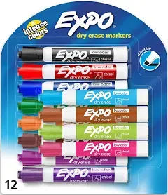 EXPO Low Odor Dry Erase Markers, Chisel Tip, Assorted Colors, 12 Count