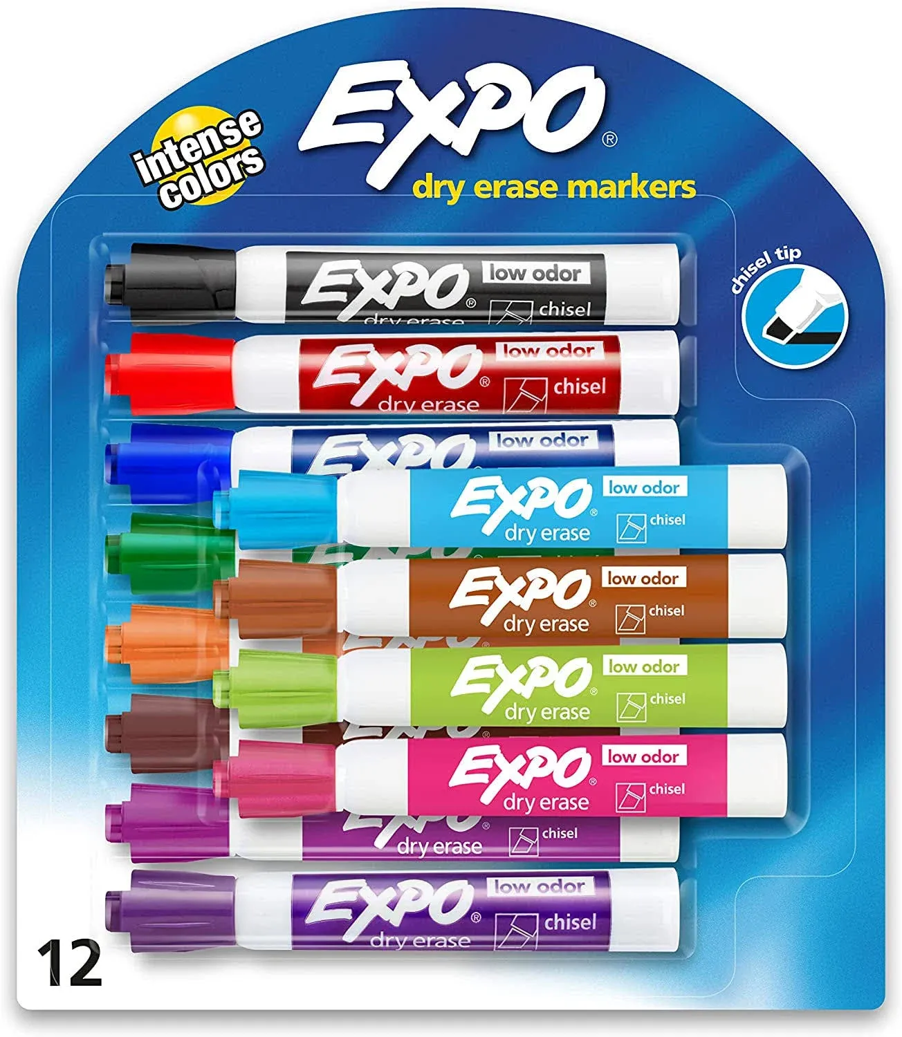 Low Odor Dry Erase Markers, Chisel Tip, Assorted Colors, 12 Count