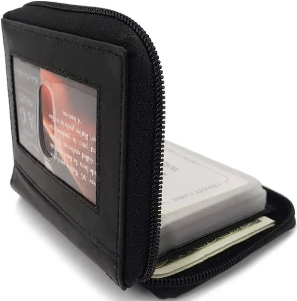 AG Wallets Unisex Zip Around Bifold Black Leather Wallet with Outside ID, One Full Size Bill Compartment, Card Sleeves for Extra Storage