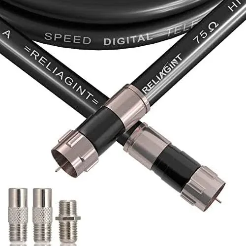 25ft RG6 Black 75 ohm Coaxial Cable with F Connector, F81 Double Female Adapter, Low Loss High-Speed Coax Cable Cord Extender for HD TV, Dish, Satellite, Antenna, TV Cable 25'