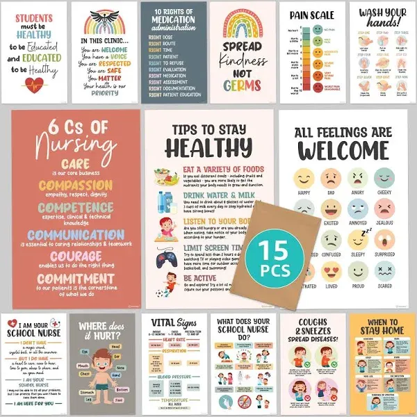 15 Health Posters for School Nurse Office Decorations, 11x17&#034; School Nurse Bu...