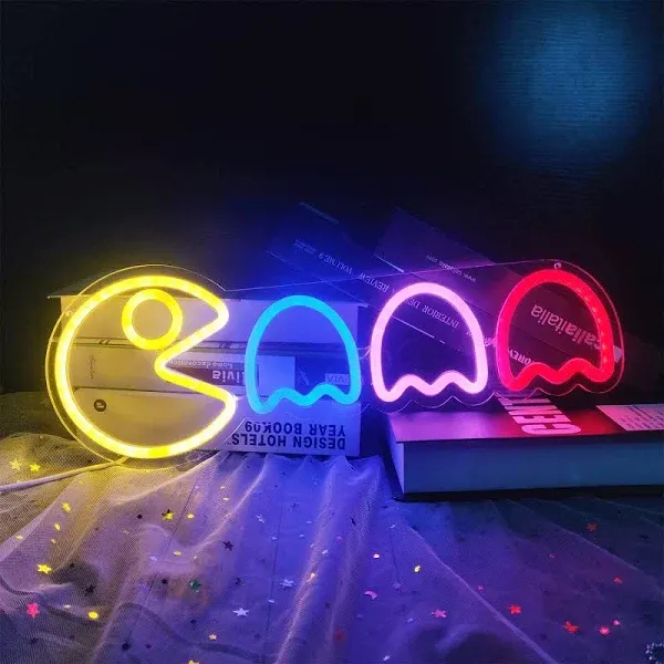 Geeinar Game Neon Sign Ghost LED Neon Lights Neon Signs for Bedroom Wall 17x6 Retro Arcade Decor with USB/Switch Ghost Neon Light for