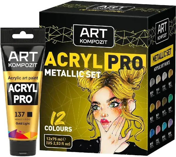 METALLIC Professional Soft Body Acrylic Paint Set 12 x 75 ml (2.54 fl oz) For Artists With Canvas, Upholstery, Wood, Glass, Plastic, Fabric | Made in Europe | Kompozit