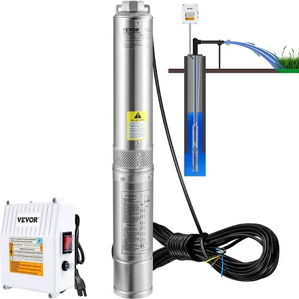 VEVOR 1HP 230V 60Hz 37gpm Flow Deep Well Submersible Pump with 207 ft. Head & 33 ft. Electric Cord