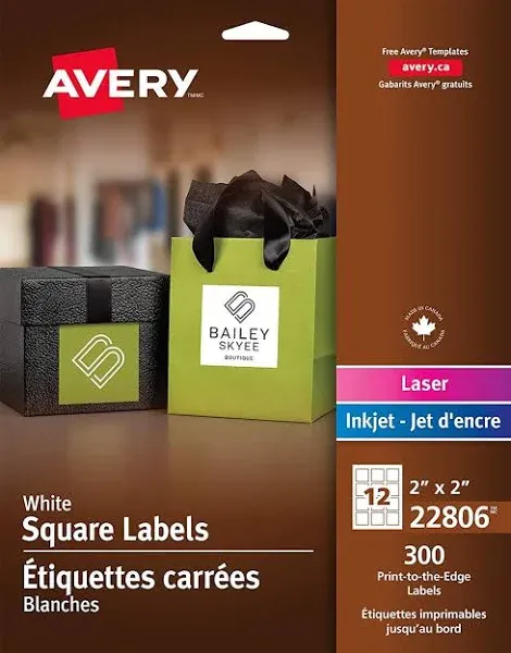 Avery Square Print-to-the-E<wbr/>dge Labels 2 x 2 White 300/Pack 22806