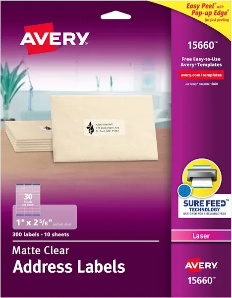 Avery&#174; Matte Clear Easy Peel Mailing Labels w/ Sure Feed Technology, Laser Printers, 1 x 2.63, Clear, 30/Sheet, 10 Sheets/Pack ;