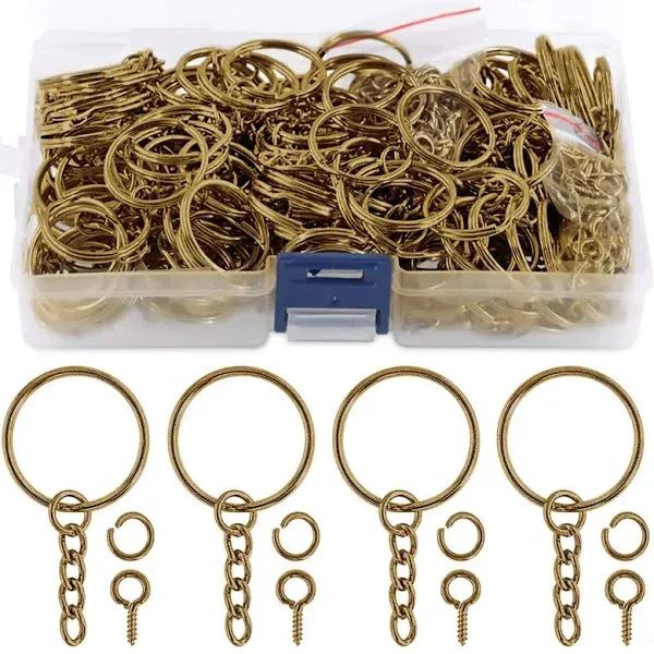 Swpeet 450Pcs 1" 25mm Sliver Key Chain Rings Kit, Including 150Pcs Keychain Rings with Chain and 150Pcs Jump Ring with 150Pcs Screw Eye Pins Bulk