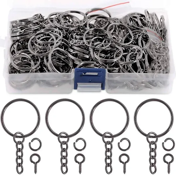 Swpeet 450Pcs 1" 25mm Gun-Black Key Chain Rings Kit, Including 150Pcs Keychain Rings with Chain and 150Pcs Jump Ring with 150Pcs Screw Eye Pins Bulk for Jewelry Findings Making (Gun-Black)