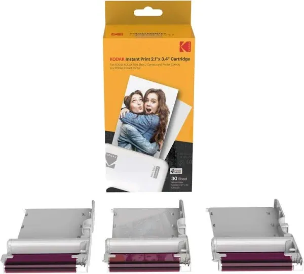 Kodak 30 Pack 4PASS Real Photo (2.1"x3.4") & Laminate Process Cartridge, All-in-One Paper and Color Ribbon Refill-Compatible with Mini 2, Mini 2 Plus, Mini 2 Retro, Mini Shot, Mini Shot 2 Retro