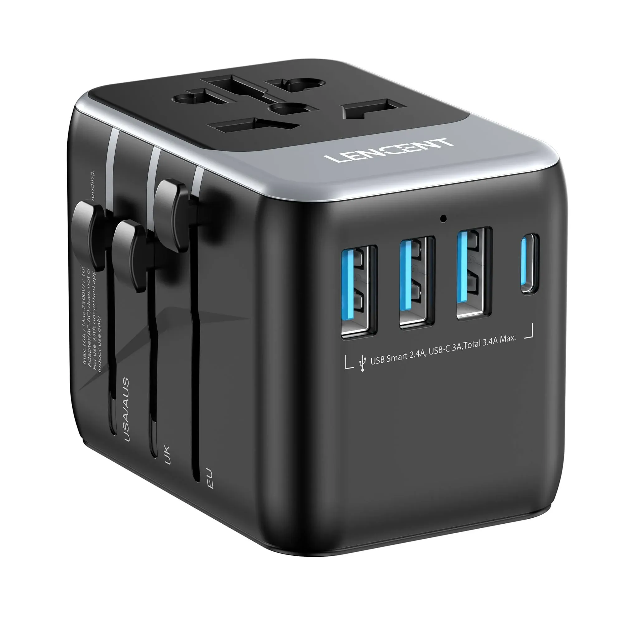 LENCENT Universal Travel Adapter, International Charger with 3 USB Ports & Type-C Charging Adaptor for Cellphones,Laptop, All in One Travel Plug Adap