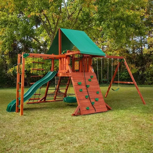 Gorilla Playsets 01-0011 Sun Valley II Wood Swing with Monkey Bars, Tire Swing, and Rock Wall, Redwood