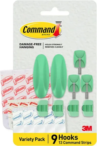 Command Mixed Hooks Pack, 9 Citron Hooks, 13 Strips (2 Medium Designer Hooks, 4 Medium Indoor Strips; 3 Small Wire Hooks, 4 Small Indoor Strips; 4 Clear Round Cord Clips, 5 Small Clear Strips)