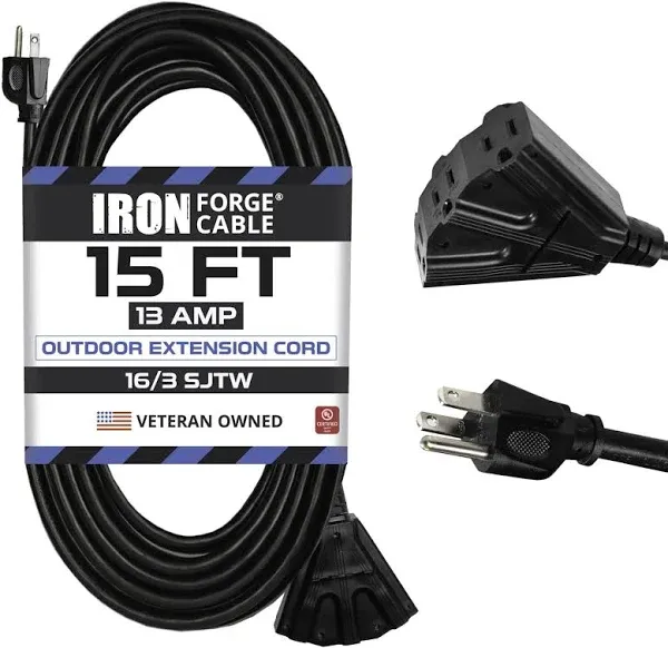 Iron Forge Cable 3 Outlet Outdoor Extension Cord 8 ft, 16/3 SJTW Black Extension Cord with Multiple Outlets 3 Prong, 13 Amp Weatherproof Exterior Power Cable for Outdoor Lights, Lawn & Landscaping