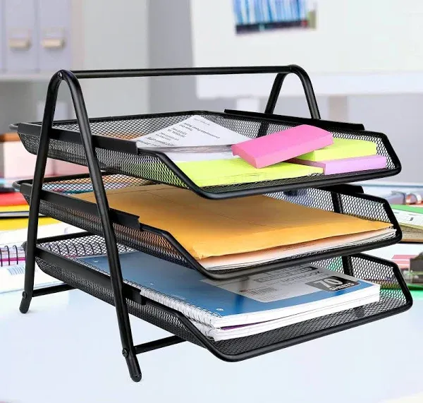 1InTheOffice 3 Tiers File Folder Organizer, Desk Sorter, Black Mesh