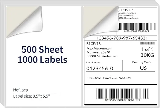 8.5 x 5.5 Half Sheet Shipping Labels for Laser and Inkjet Printers, 2 Per Page Self Adhesive Mailing Labels, White Blank Labels [500 Sheet 1000 Labels]