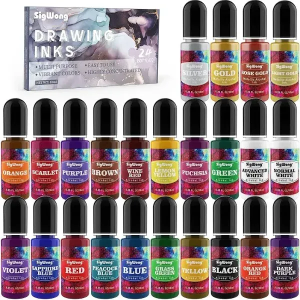 Alcohol Ink Set 24 Bottles Vibrant Colors High Concentrated Alcohol-Based Ink