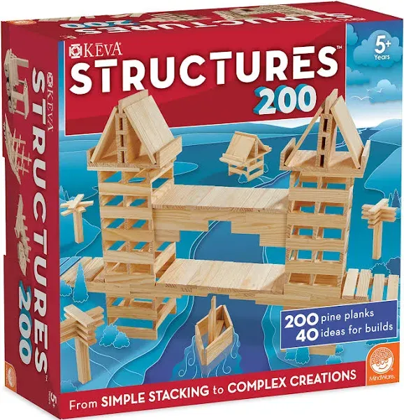 KEVA Structures 200 Wood Building Planks Set - Building Toy Includes 200 Wooden Blocks and Idea Book - Ages 5 and Up