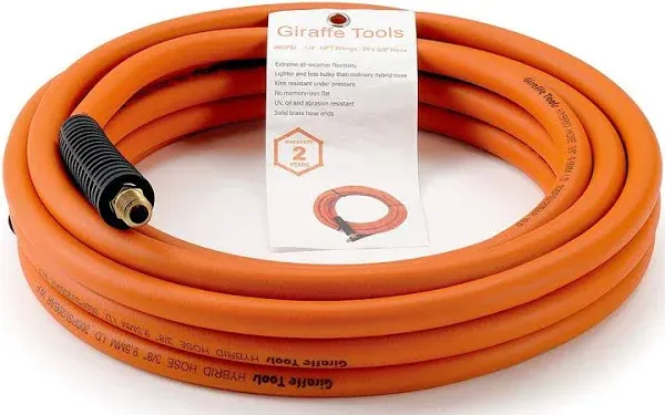 Giraffe Tools Hybrid Lead-In Air Hose, 3/8 inch x 6 ft, 1/4 in. MNPT Fittings, 300 PSI Heavy Duty, Lightweight Air Compressor Hose Short