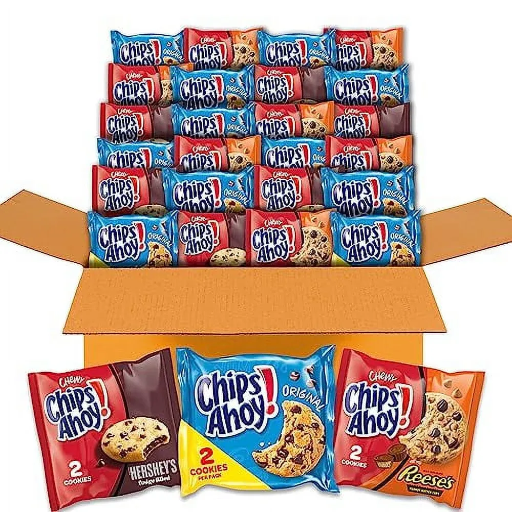 CHIPS AHOY! Cookie Variety Pack, Original Chocolate Chip, Chewy Chocolate Chip with Reese's Peanut Butter Cups & Chewy Hershey's Fudge Filled Soft Cookies, 50 Snack Packs (2 Cookies Per Pack)