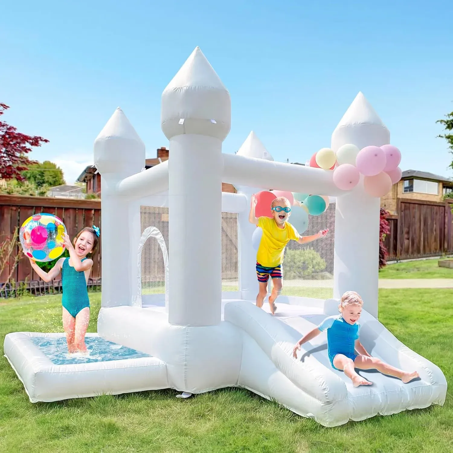 White Bounce House with Air Blower White Bouncy Castle with Slide and Ball Pit for Home Birthday Party Gift for Kids/Toddler (9x9FT White)