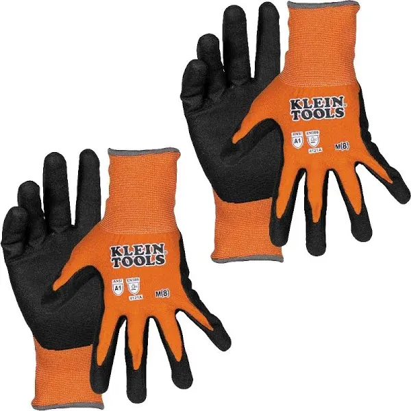 Klein Tools 60580 Work Gloves, Knit Dipped Cut Resistant ANSI A1 Nitrile Coated Gloves, Nylon-Spandex, Touchscreen Capable, Medium, 2-Pair