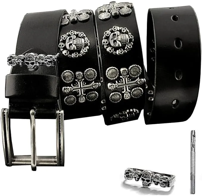 vogueteen Men's Punk Genuine Leather Belts Biker Rock Skull Cross Black Waist Strap belt