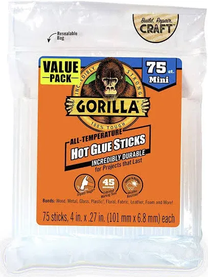 Gorilla Hot Glue Sticks, Mini size, 4" Long x .27" Diameter, 75 Count, Clear, (Pack of 2)